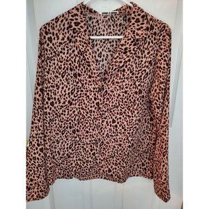 Ecowish Pink and Brown Button Up Leopard V Neck Top Size Medium